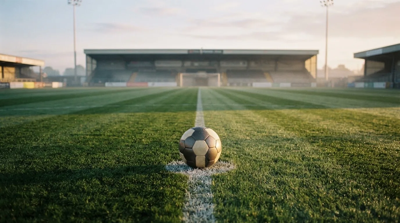 Ein einzelner Fussball liegt auf dem Anstosspunkt eines leeren Rasenplatzes am frühen Morgen, Tau glitzert auf dem Gras, die Tribüne liegt im Dunst.