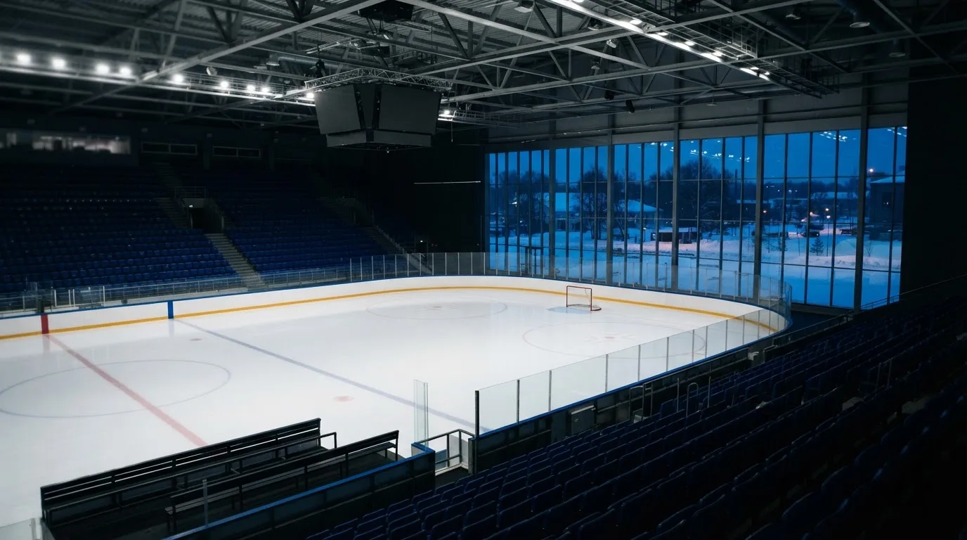Eine Eishalle von Weitem unter Flutlicht, die leere Eisfläche glänzt, auf den Rängen sitzt niemand, draussen liegt Schnee.