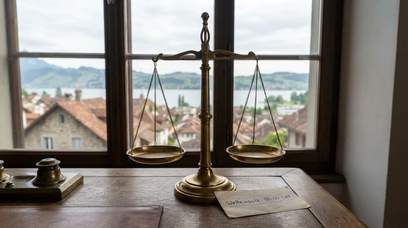 Eine Waage aus Messing steht auf einem polierten Schreibtisch vor einem Fenster mit Blick auf Dächer und sanfte Hügel.
