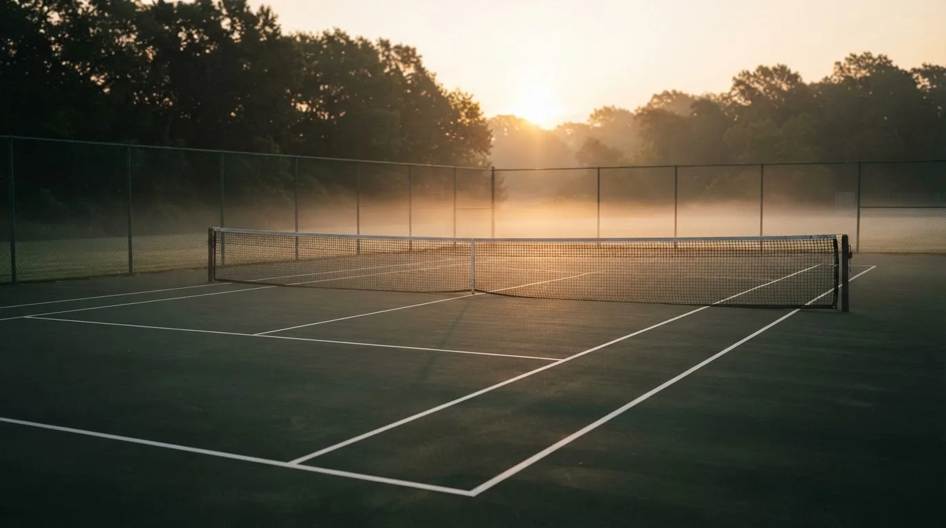 Ein Tennisplatz bei Sonnenaufgang, die Linien frisch gezogen, das Netz in der Mitte und Nebel über dem Boden.
