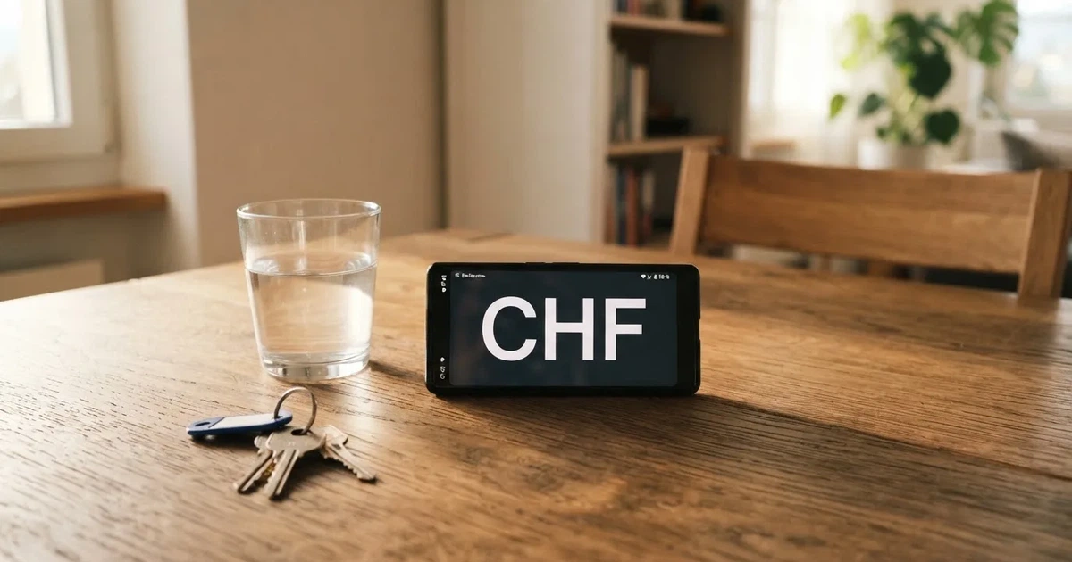 Ein Smartphone mit schwarzem Display liegt auf einem Holztisch neben einem Glas Wasser und einem Schlüsselbund.