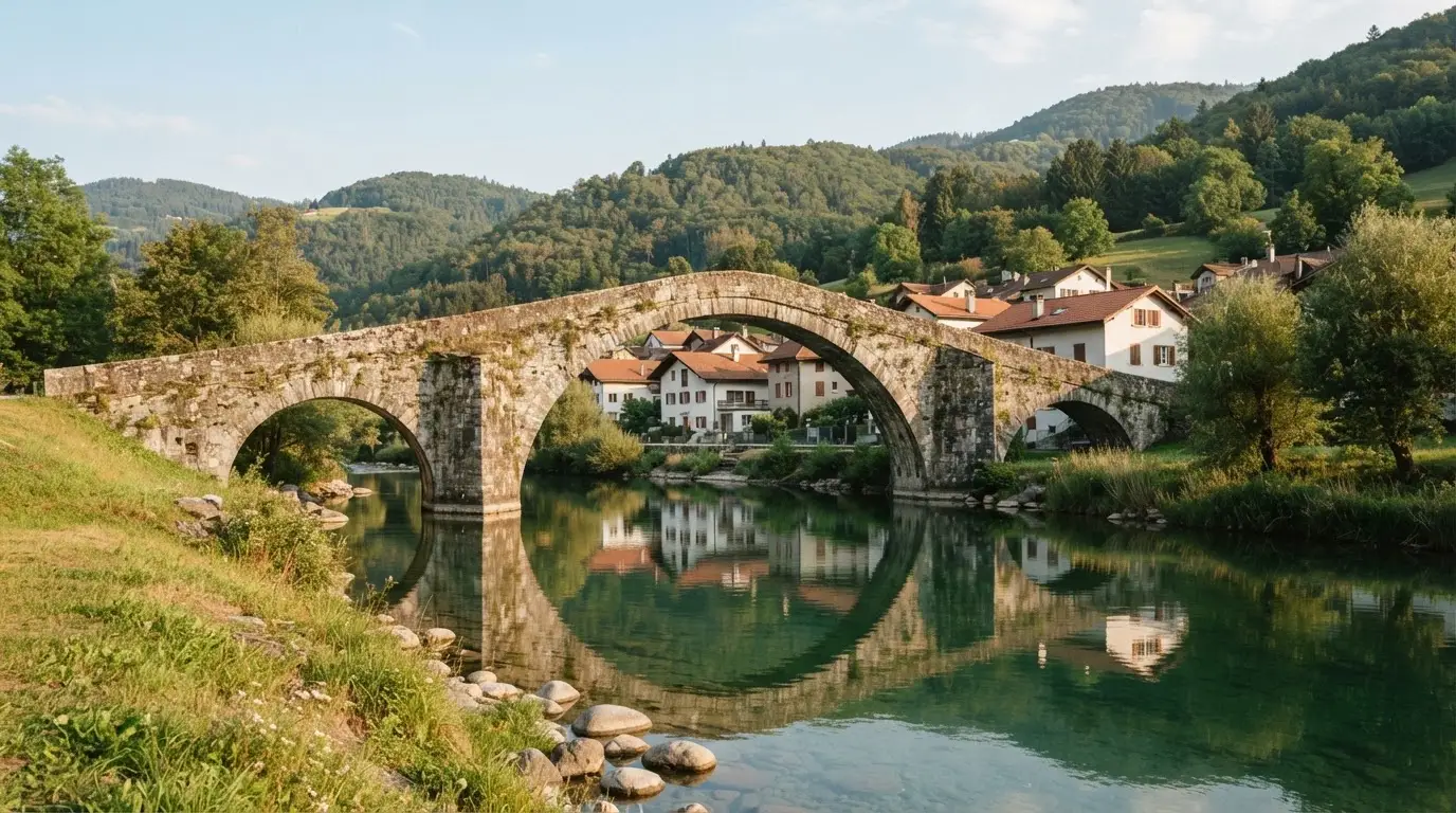 Eine alte Steinbrücke über einen ruhigen Fluss, dahinter Häuser mit Ziegeldächern und bewaldete Hügel.