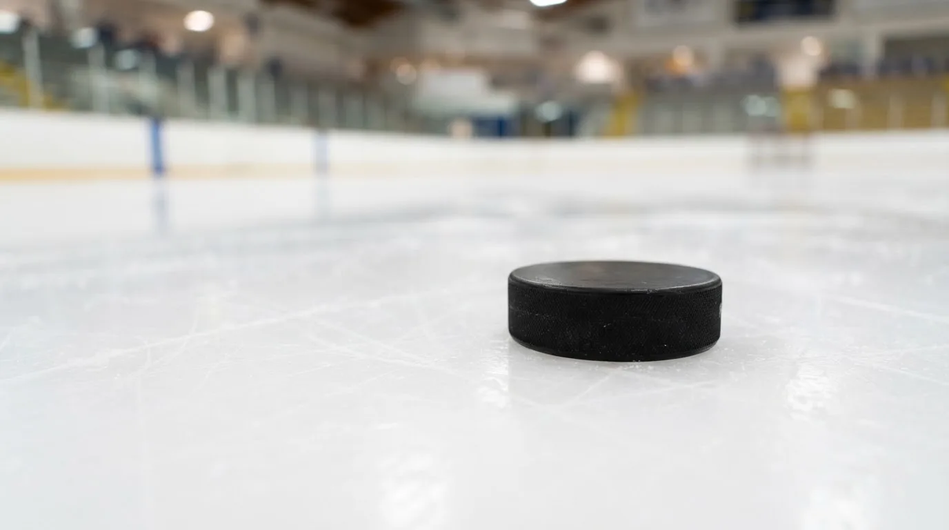 Ein Eishockeypuck liegt auf dem Eis, im Hintergrund unscharf die Bande unter hellem Hallenlicht.