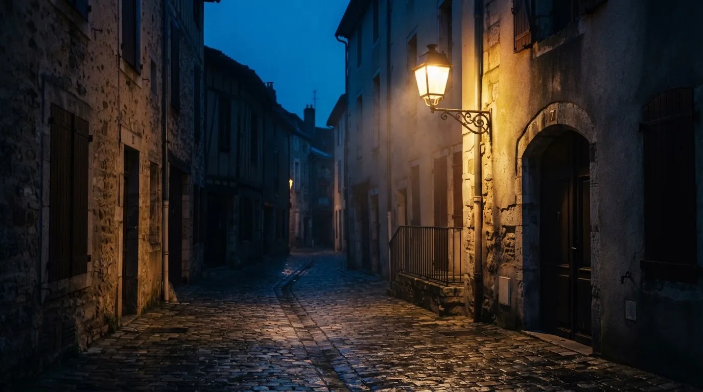 Eine Strassenlaterne in einer leeren Gasse am Abend, das nasse Kopfsteinpflaster spiegelt das warme Licht.