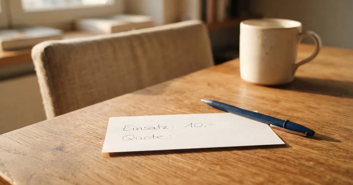 Ein leerer Wettschein aus Papier liegt neben einem Kugelschreiber auf einem Holztisch, weiches Licht fällt von der Seite.