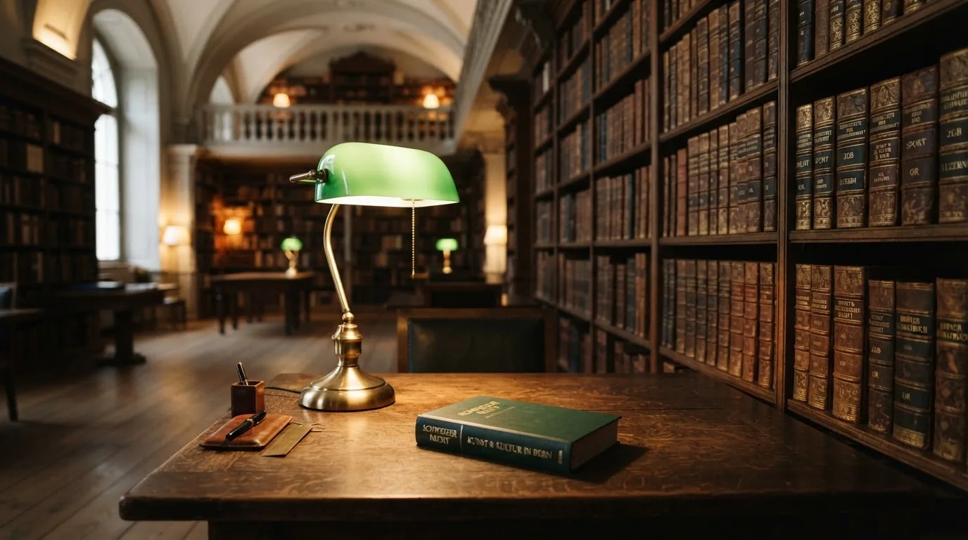 Eine Bibliothek mit hohen Holzregalen voller Bücher, im Vordergrund ein Lesetisch mit grüner Lampe.