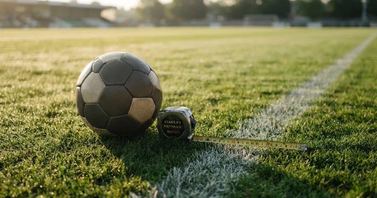 Ein Fussball und ein Massband liegen auf kurz geschnittenem Rasen neben einer Kreidelinie, Morgenlicht von der Seite.