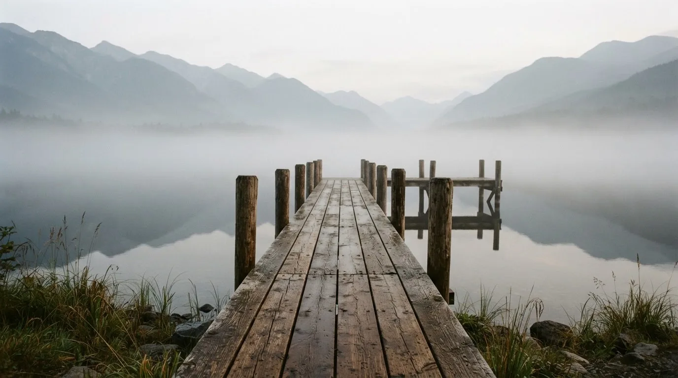 Ein Seeufer mit einem hölzernen Steg, Nebel liegt über dem Wasser, am anderen Ufer erheben sich Berge.