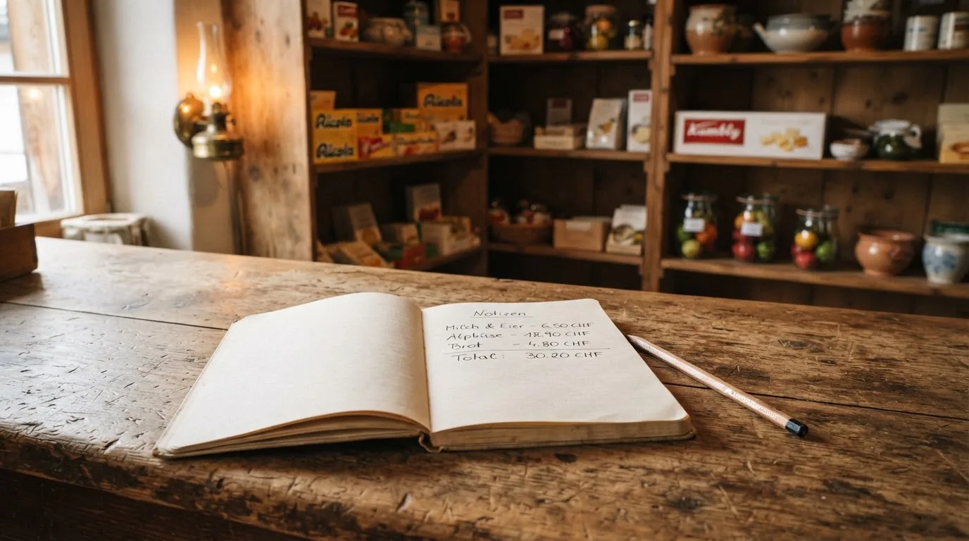 Ein alter Holztresen mit einem Notizbuch und einem Taschenrechner in warmem Lampenlicht, Regale im Hintergrund.