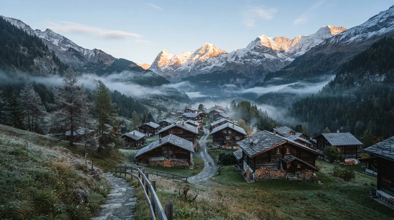 Ein Bergdorf mit Holzhäusern im Tal an einem klaren Morgen, über den Dächern liegen Nebelschwaden und ferne Gipfel.