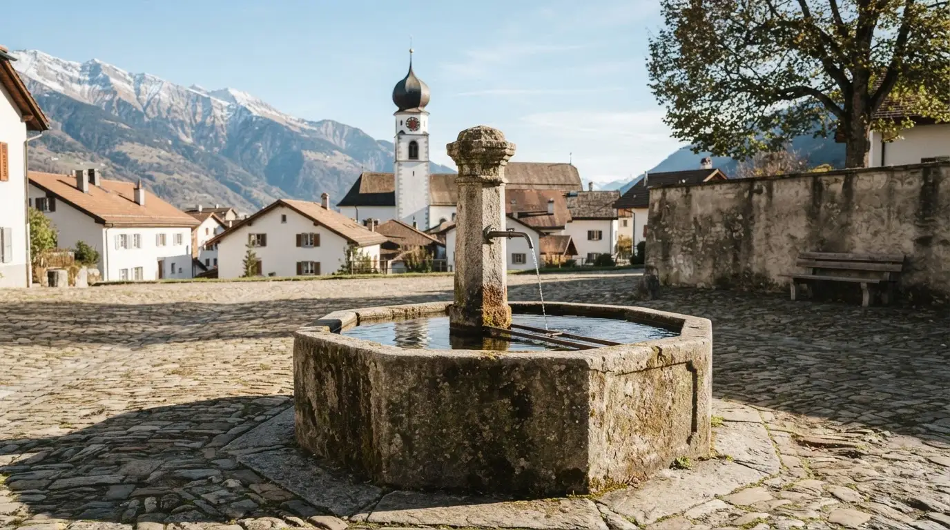 Ein Brunnen auf einem Dorfplatz mit Kopfsteinpflaster, im Hintergrund eine Kirche mit Zwiebelturm und Berge.