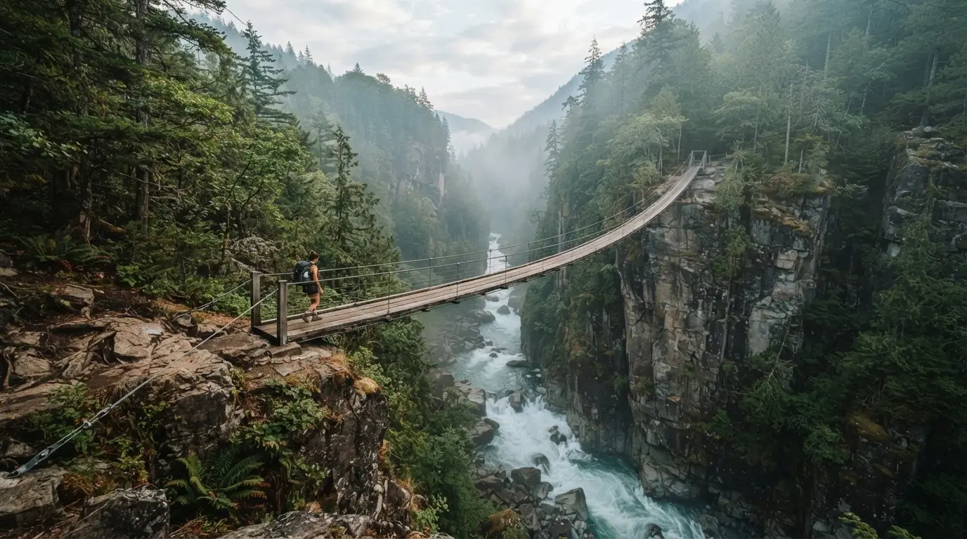 Eine Hängebrücke spannt sich über eine tiefe Schlucht, unten rauscht ein Fluss zwischen bewaldeten Felswänden.