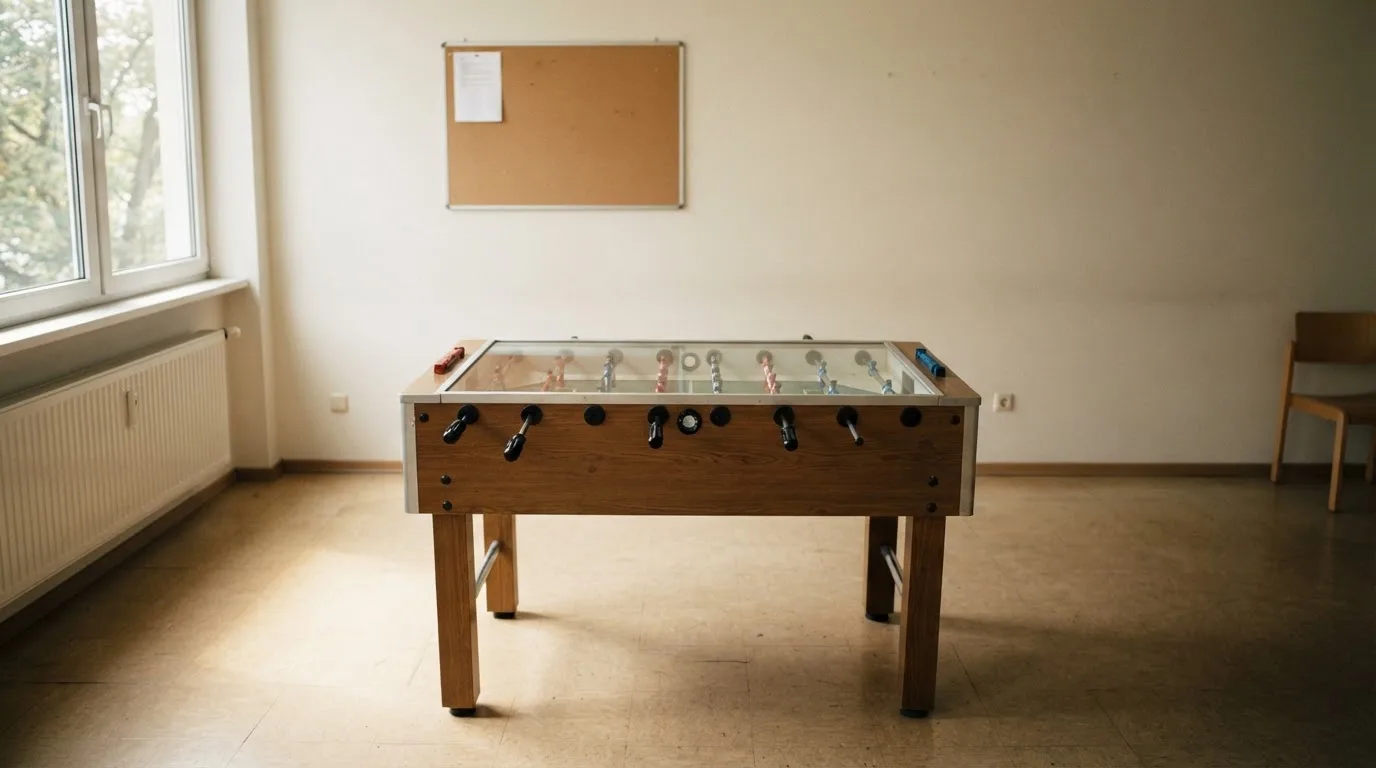 Ein Tischfussballtisch steht in einem leeren Aufenthaltsraum, Nachmittagslicht fällt durch ein Fenster.