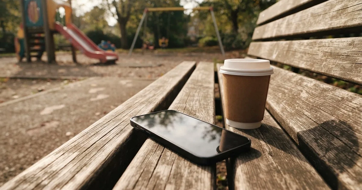 Ein Smartphone mit dunklem Display liegt auf einer Parkbank, daneben ein Kaffeebecher, im Hintergrund ein Spielplatz.