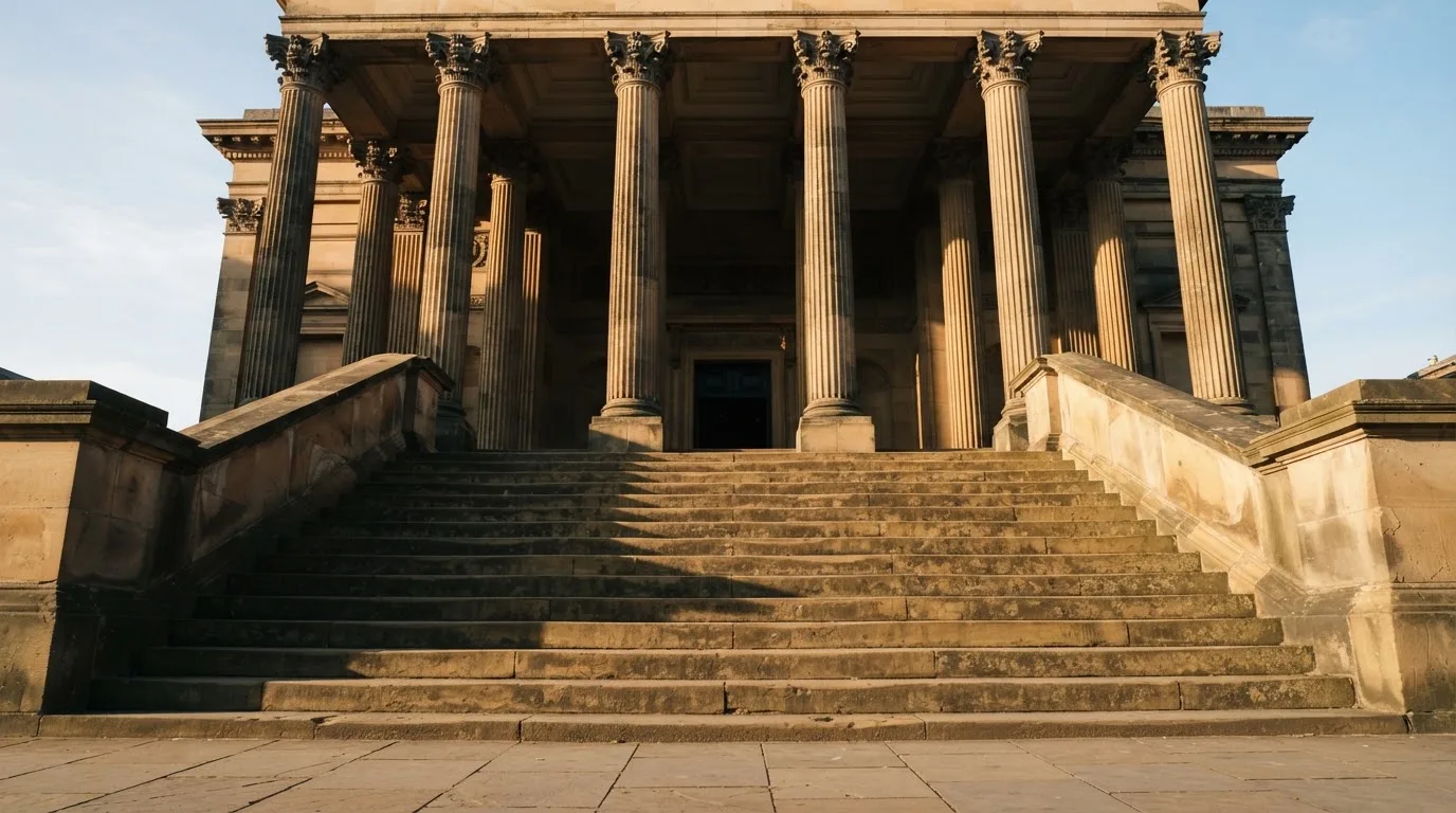 Eine breite Steintreppe führt zu einem Gebäude mit Säulen, die Morgensonne scheint, niemand ist zu sehen.