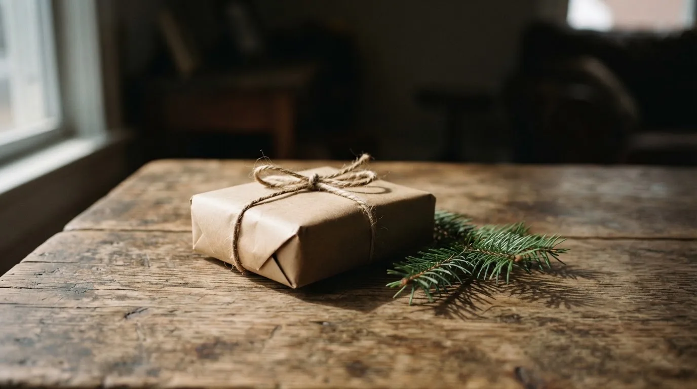 Ein kleines Päckchen in Packpapier mit Schnur liegt auf einem Holztisch, daneben ein Tannenzweig.