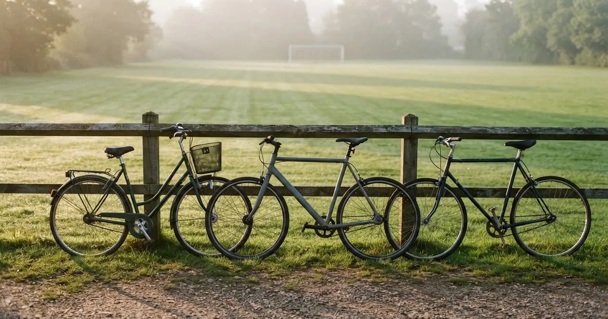 Drei Fahrräder lehnen nebeneinander an einem Zaun vor einem Sportplatz, dahinter ein grüner Rasen im Dunst.