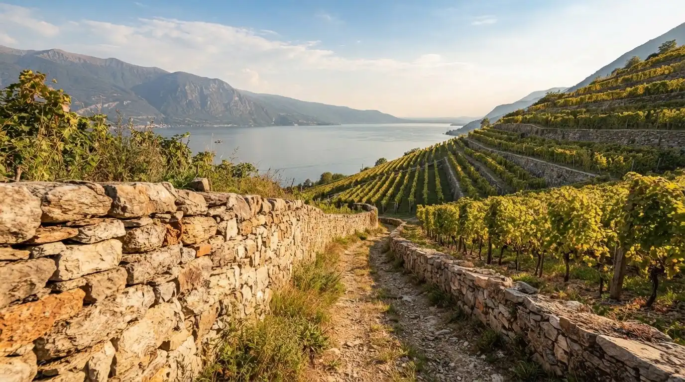 Eine Mauer aus Natursteinen am Wegrand, dahinter Weinberge, die zu einem See hinabführen.