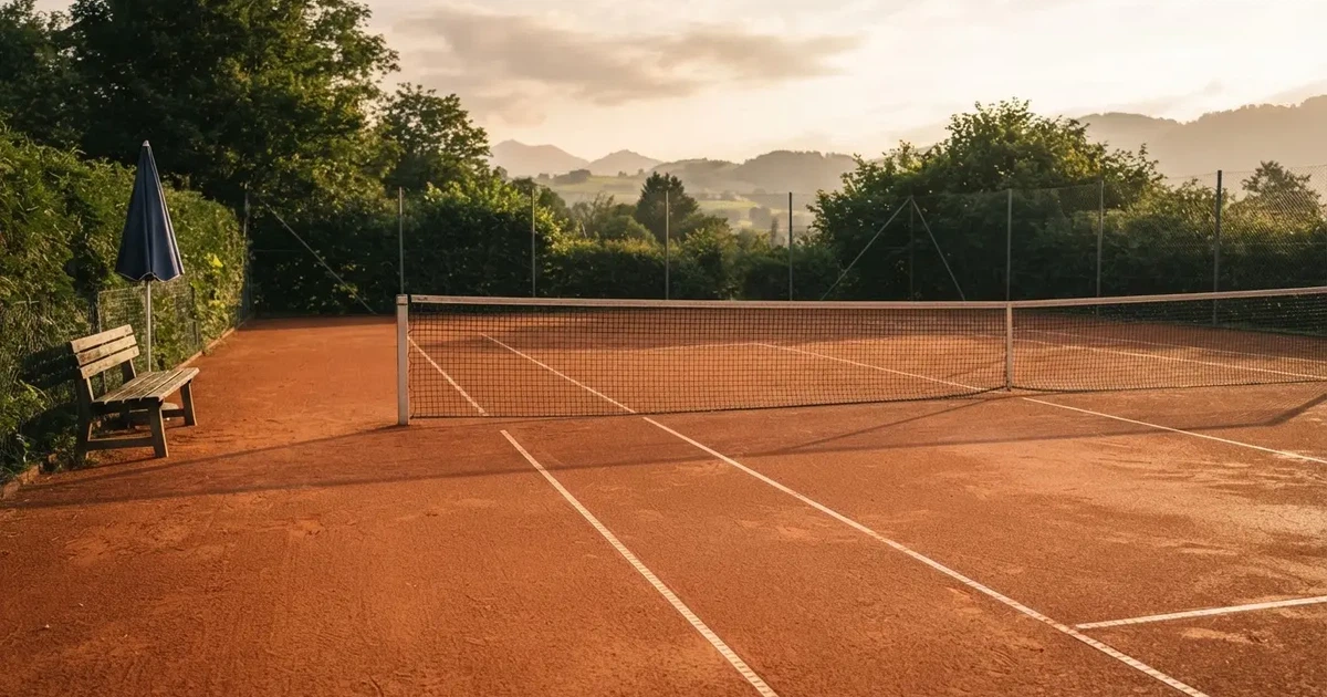Ein Sandplatz für Tennis liegt bei Sonnenaufgang still da, das Netz wirft einen langen Schatten über die weissen Linien.