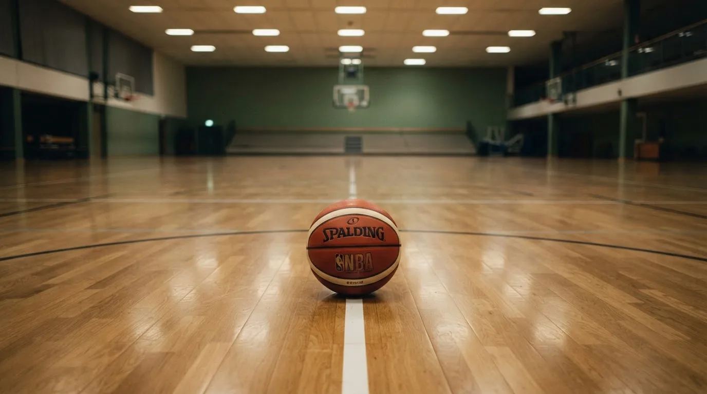 Ein Basketball liegt auf dem Parkett einer leeren Halle, von den Deckenlampen fällt gleichmässiges Licht auf den Boden.