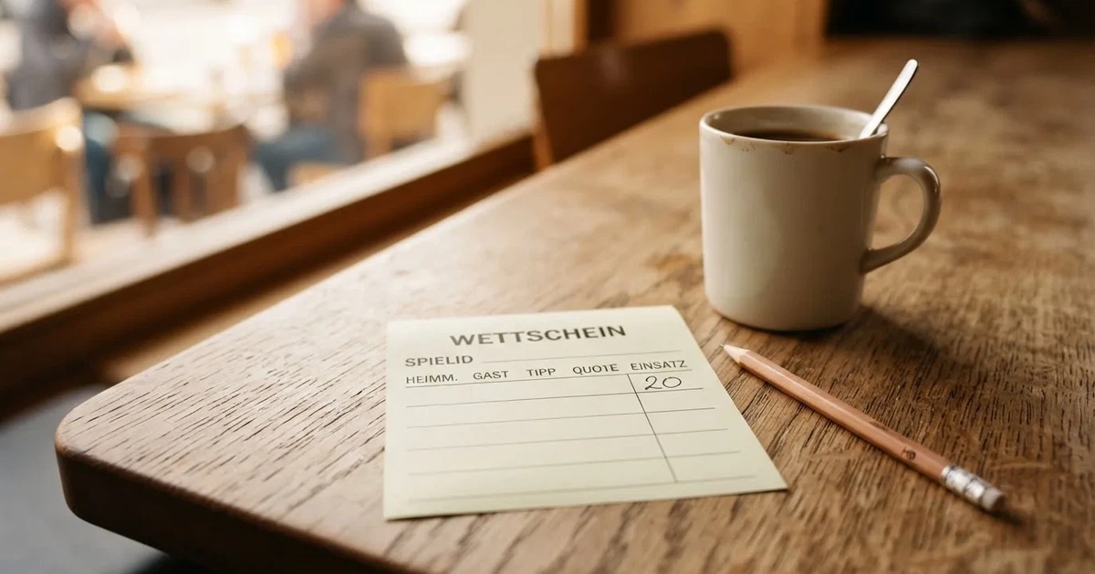 Ein leerer Wettschein aus Papier liegt auf einem Holztisch neben einem Bleistift und einem Kaffeebecher.