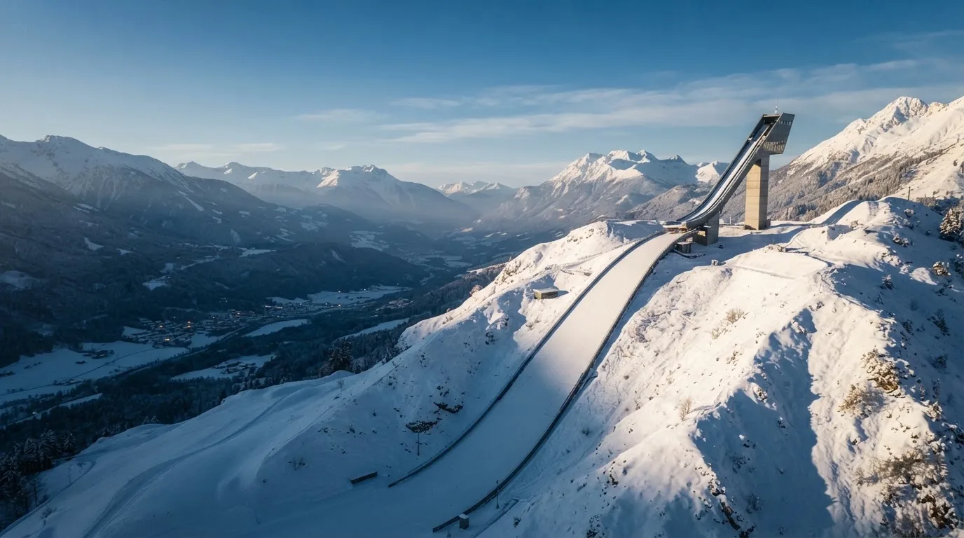 Eine Skisprungschanze erhebt sich vor verschneiten Bergen im Morgenlicht, die Hänge sind unberührt und ruhig.