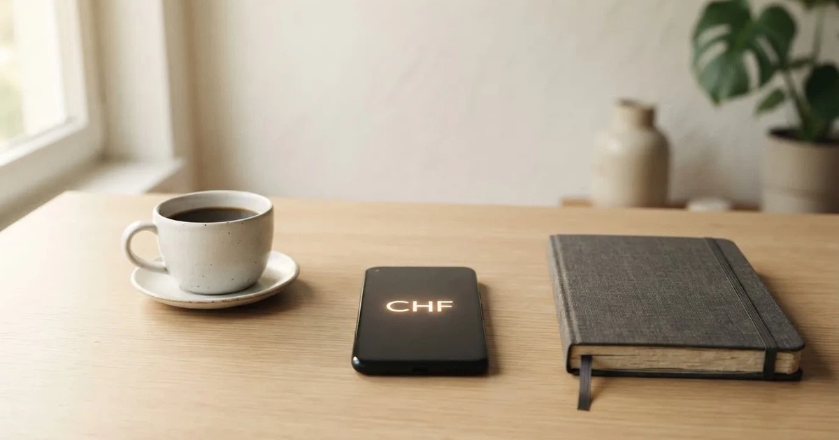 Ein Smartphone mit dunklem Display liegt neben einer Kaffeetasse auf einem hellen Tisch, daneben ein Notizblock.