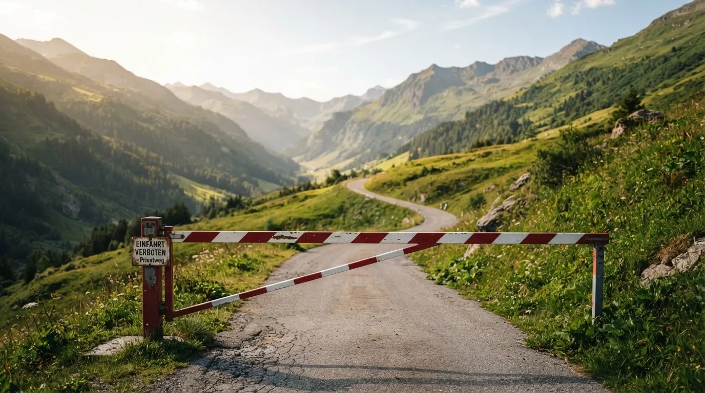 Ein Schlagbaum sperrt eine Landstrasse in den Bergen, dahinter windet sich der Weg zwischen grünen Hängen.