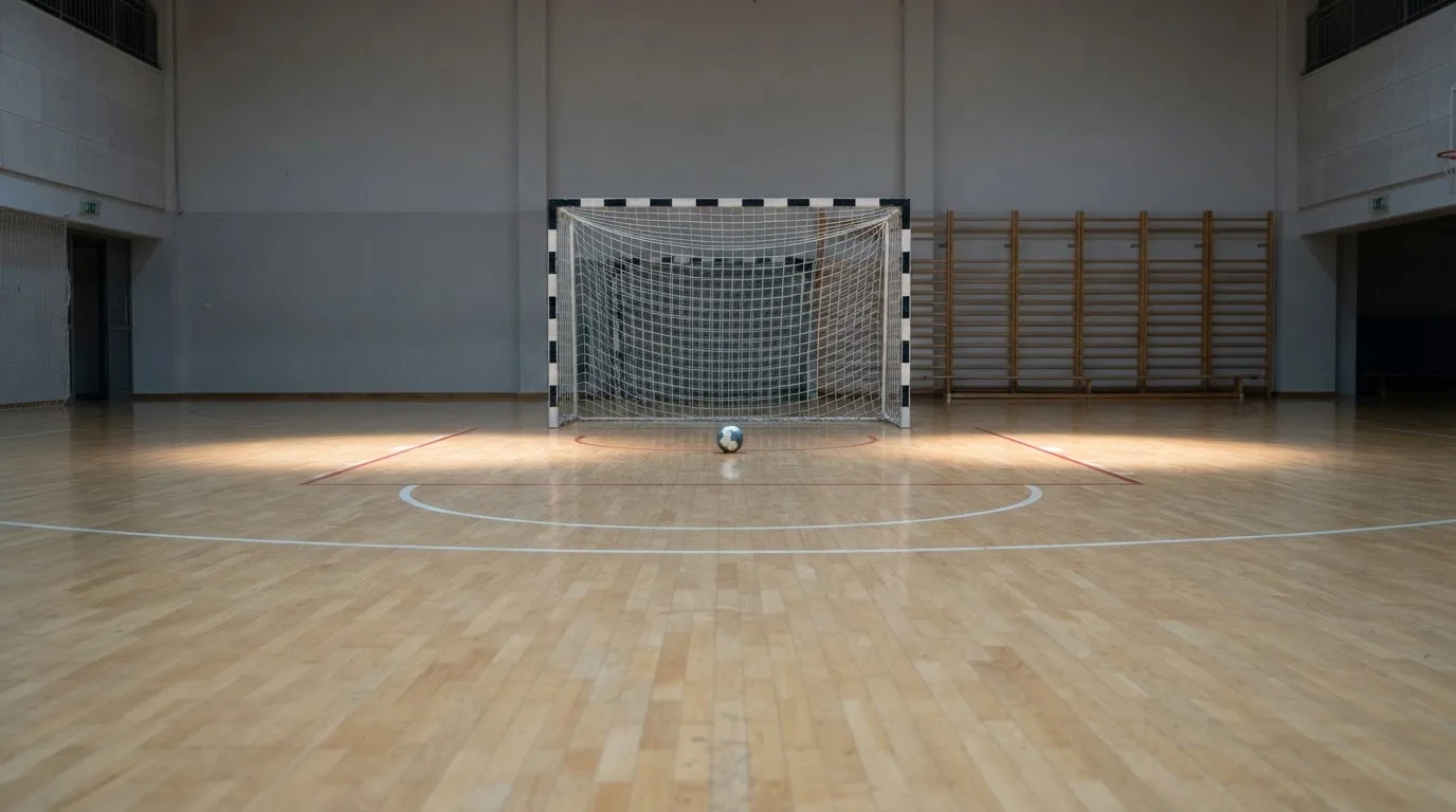 Ein Handballtor in einer leeren Sporthalle, der Ball liegt im Torraum und das Hallenlicht spiegelt sich im Parkett.