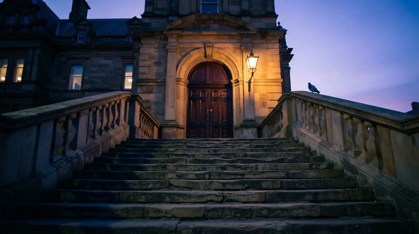 Eine breite Steintreppe führt zu einem hohen Portal aus dunklem Holz, das Licht der Dämmerung liegt auf den Stufen.