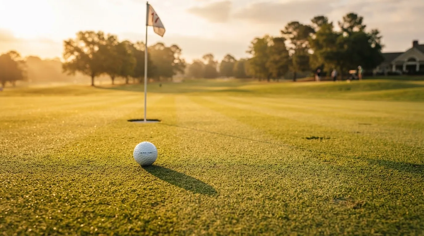 Ein Golfball liegt auf einem gepflegten Grün nahe am Loch, im goldenen Licht der Abendsonne.