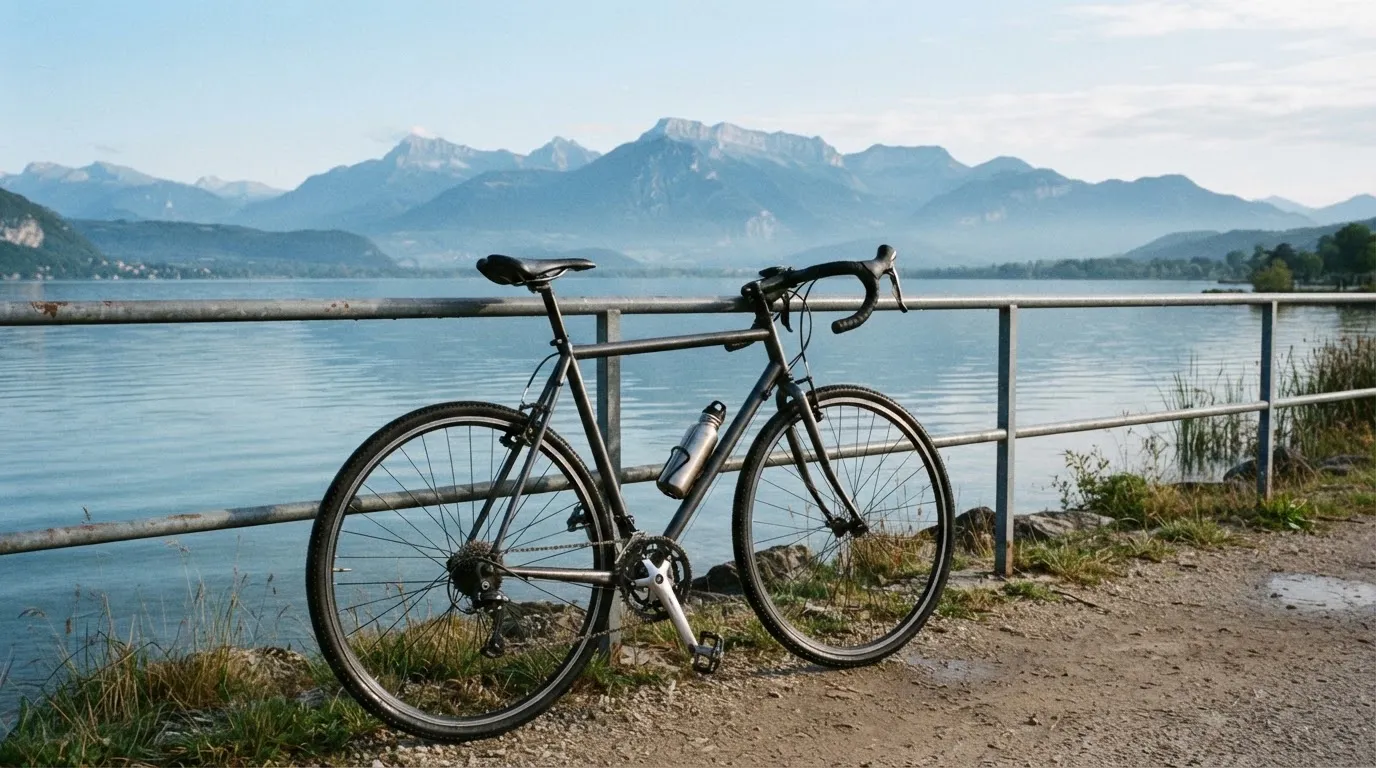 Ein Rennrad lehnt an einem Geländer am Seeufer, dahinter liegt ruhiges Wasser vor einer Bergkette.