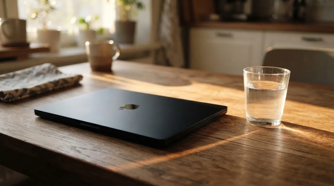 Ein geschlossener Laptop steht neben einem Glas Wasser auf einem Küchentisch im Licht des frühen Morgens.
