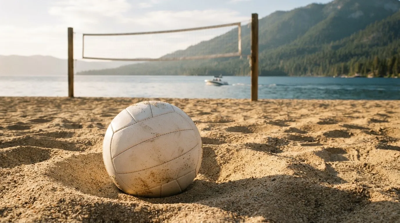 Ein Volleyball liegt im Sand eines Spielfelds am Seeufer, im Hintergrund gleitet ein Boot über das Wasser.
