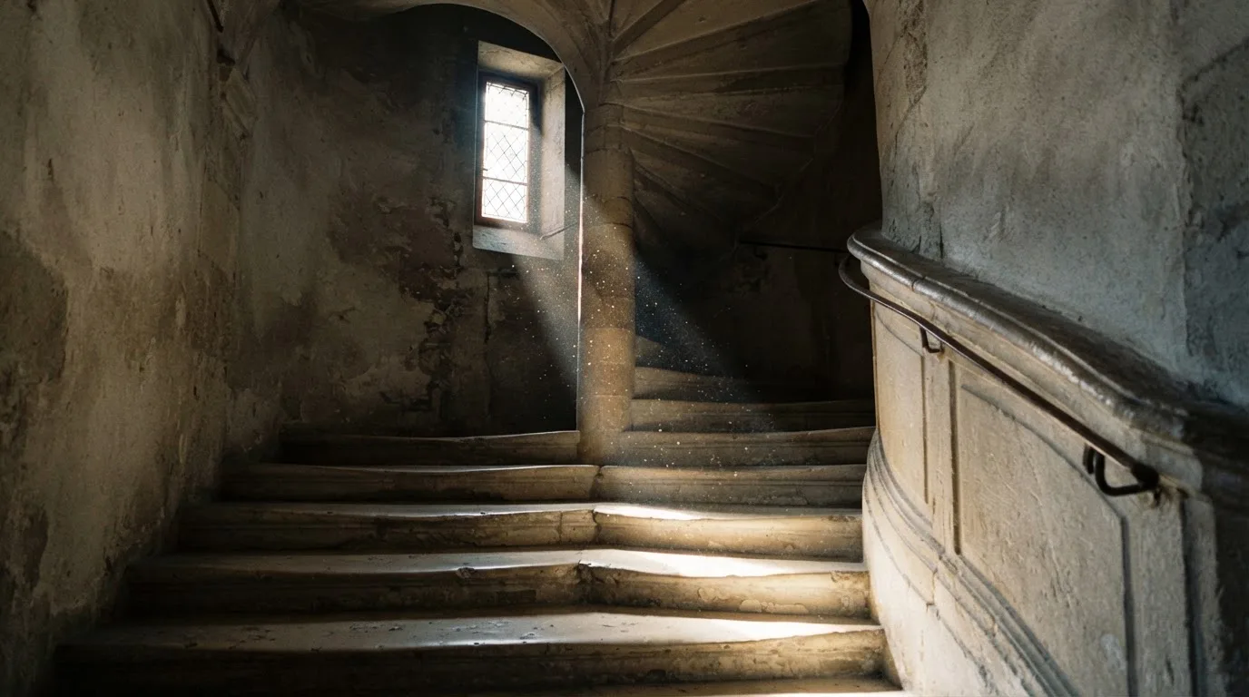 Eine Wendeltreppe aus Stein in einem alten Gebäude, Licht fällt durch ein schmales Fenster auf die Stufen.