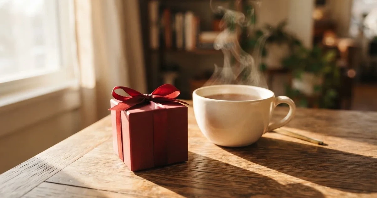 Eine kleine Geschenkschachtel mit Band steht auf einem Holztisch neben einer Tasse Tee im Licht eines Fensters.