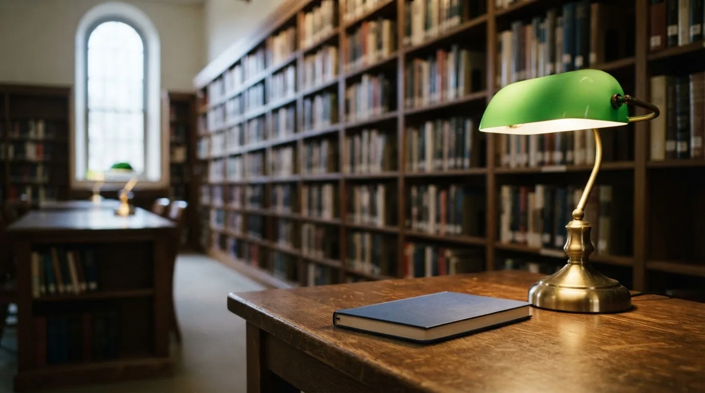 Eine Tischlampe mit grünem Schirm leuchtet auf einem Schreibtisch in einer stillen Bibliothek mit hohen Regalen.