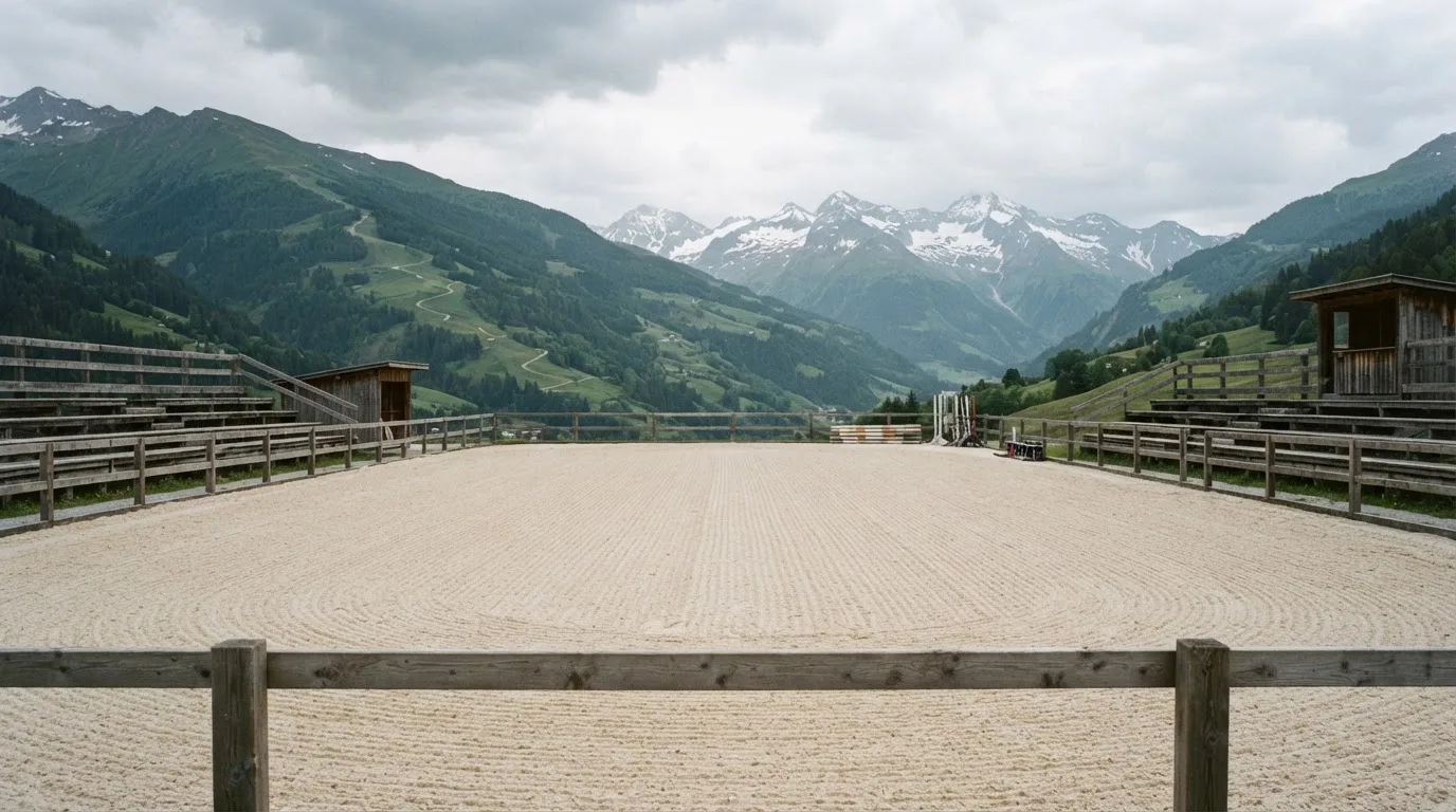 Ein Sägemehlring zwischen Tribünen aus Holz vor Alpenkulisse, ruhig und menschenleer unter bewölktem Himmel.