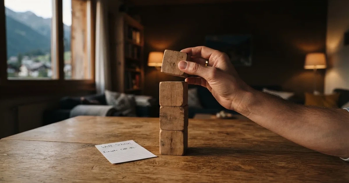 Ein Turm aus vier Holzklötzen steht auf einem Tisch, der oberste Klotz wird gerade vorsichtig aufgesetzt.