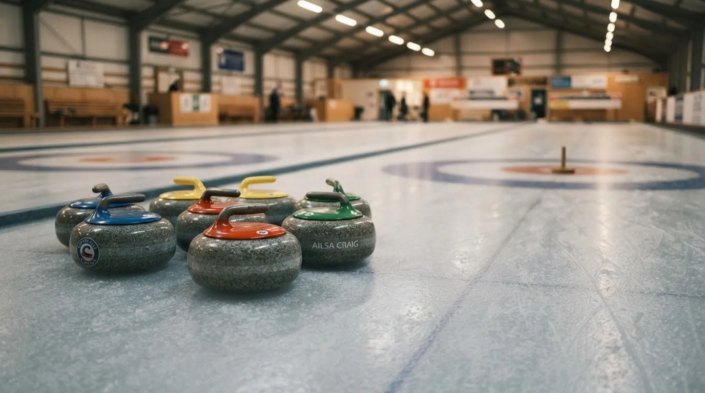 Mehrere Curlingsteine liegen auf einer glatten Eisfläche in einer leeren Halle, Deckenlicht spiegelt sich im Eis.