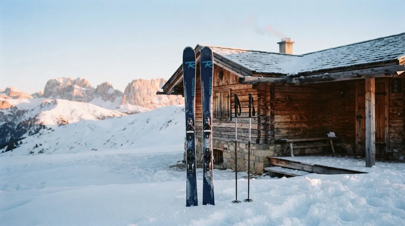 Ein Paar Ski steckt aufrecht im Schnee vor einer Berghütte, im Hintergrund färbt der Sonnenaufgang die Gipfel.