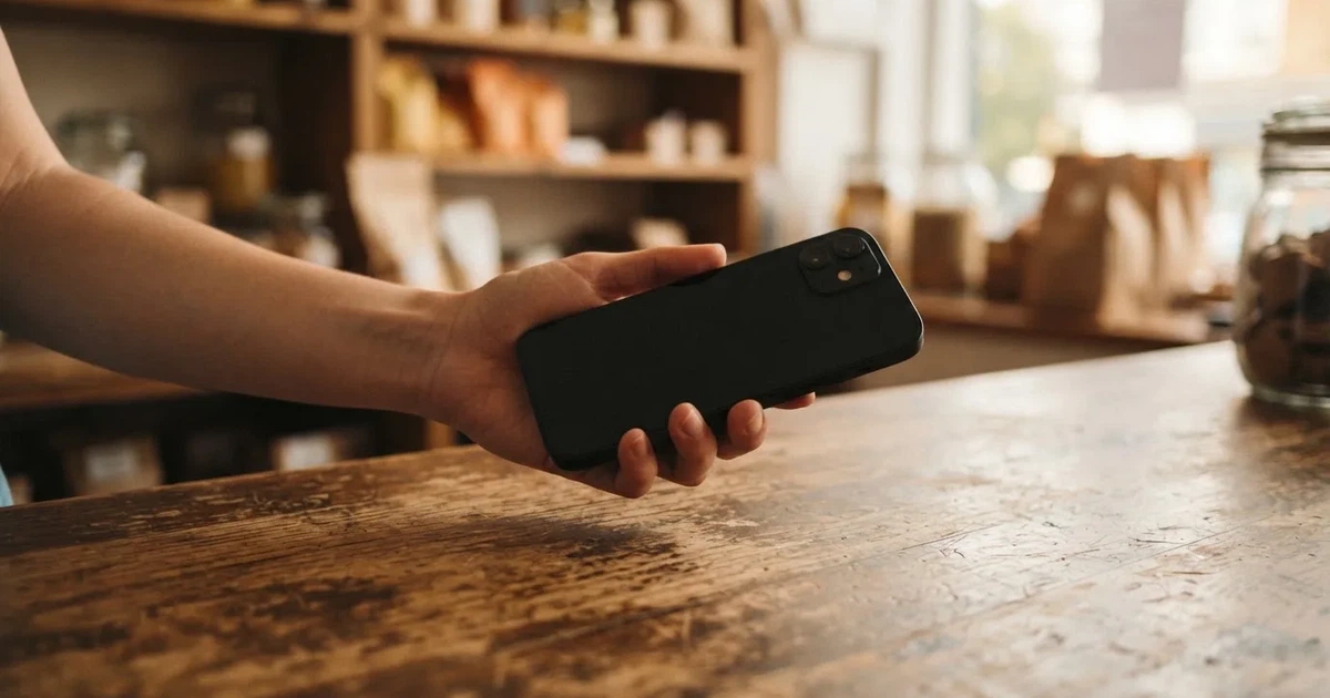 Eine Hand hält ein Smartphone mit dunklem Display knapp über eine hölzerne Ladentheke in einem kleinen Geschäft.