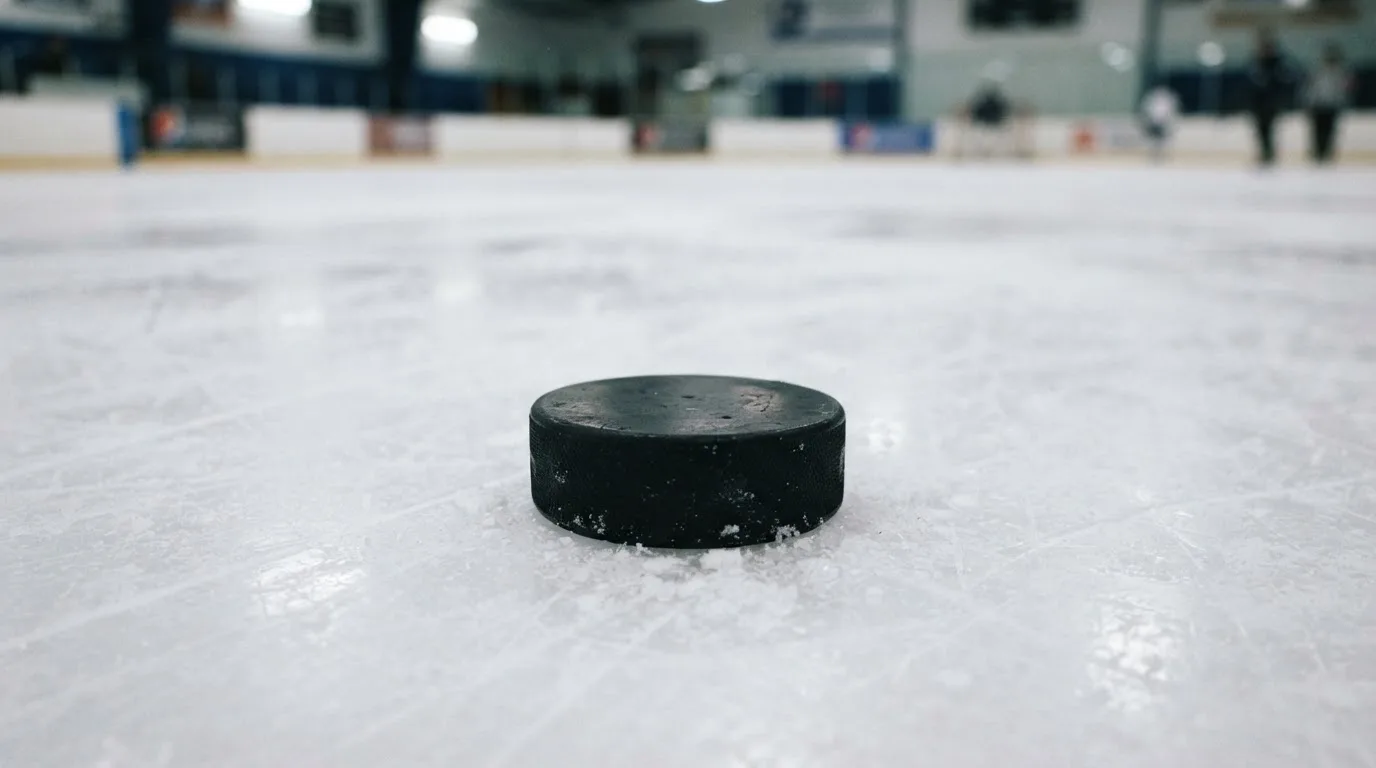 Ein Eishockeypuck liegt in Grossaufnahme auf der Eisfläche, feine Kratzer im Eis glänzen im hellen Hallenlicht.