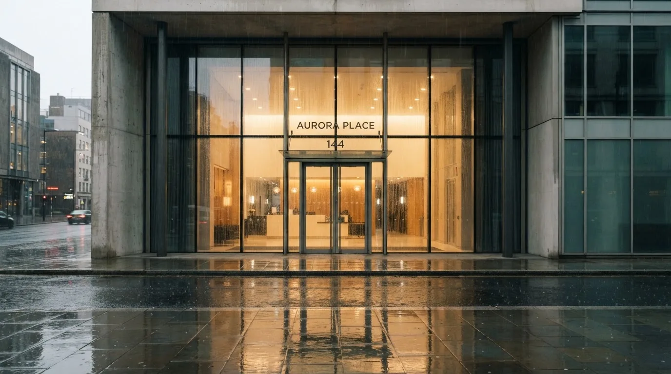 Eine Fassade aus Glas und Stahl am Eingang eines Bürogebäudes im Regen, auf dem nassen Boden spiegelt sich das Licht.
