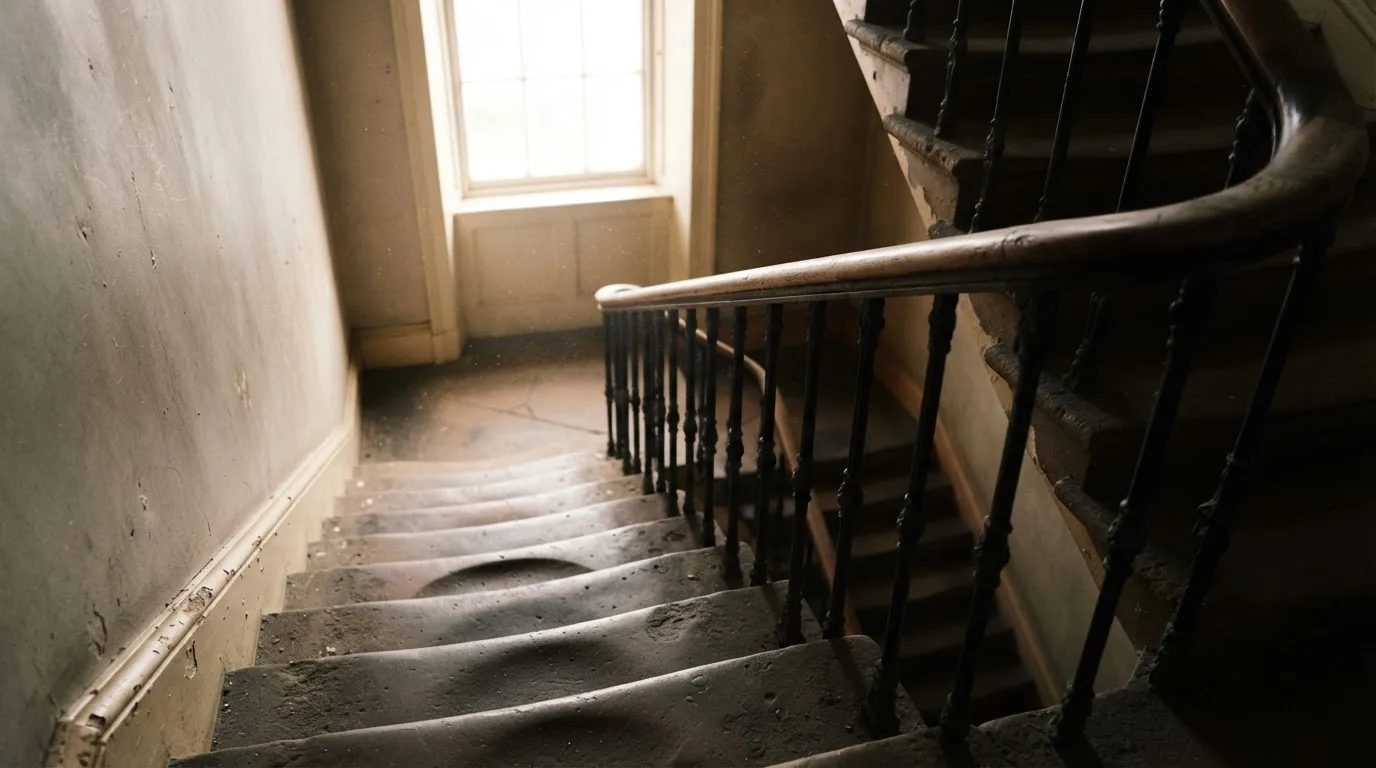 Ein Holzgeländer an einer Treppe in einem Altbau, durch ein Fenster fällt Licht auf die abgetretenen Stufen.