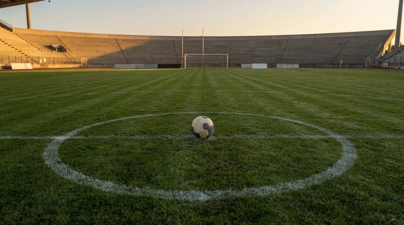 Ein Fussball liegt auf dem Mittelkreis eines leeren Rasenplatzes, dahinter ragen leere Tribünenreihen in den Abendhimmel.