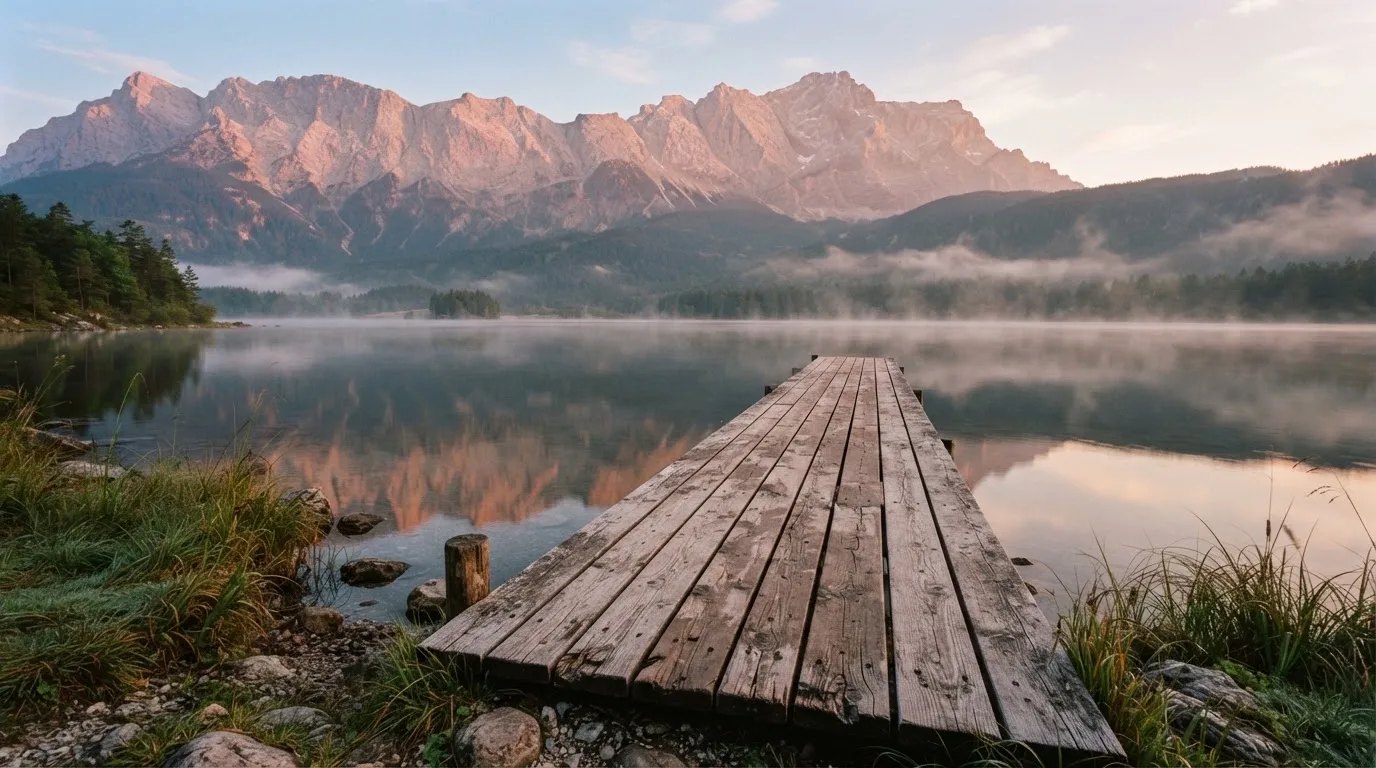 Ein Holzsteg führt über einen stillen Bergsee in den Alpen, über dem Wasser hängen bei Sonnenaufgang einzelne Nebelschwaden.