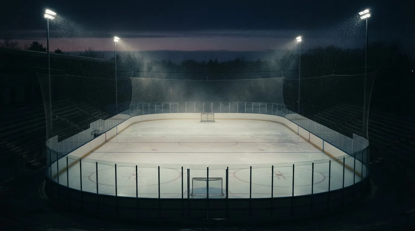 Eine Eishockeybahn liegt unter Flutlicht aus der Ferne betrachtet, leichter Schneefall treibt durch den Lichtkegel über dem Eis.