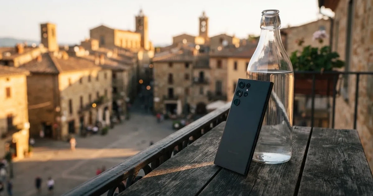 Ein Smartphone mit dunklem Display lehnt an einer Glasflasche auf einem Balkontisch, dahinter liegt eine Altstadt in der Abendsonne.