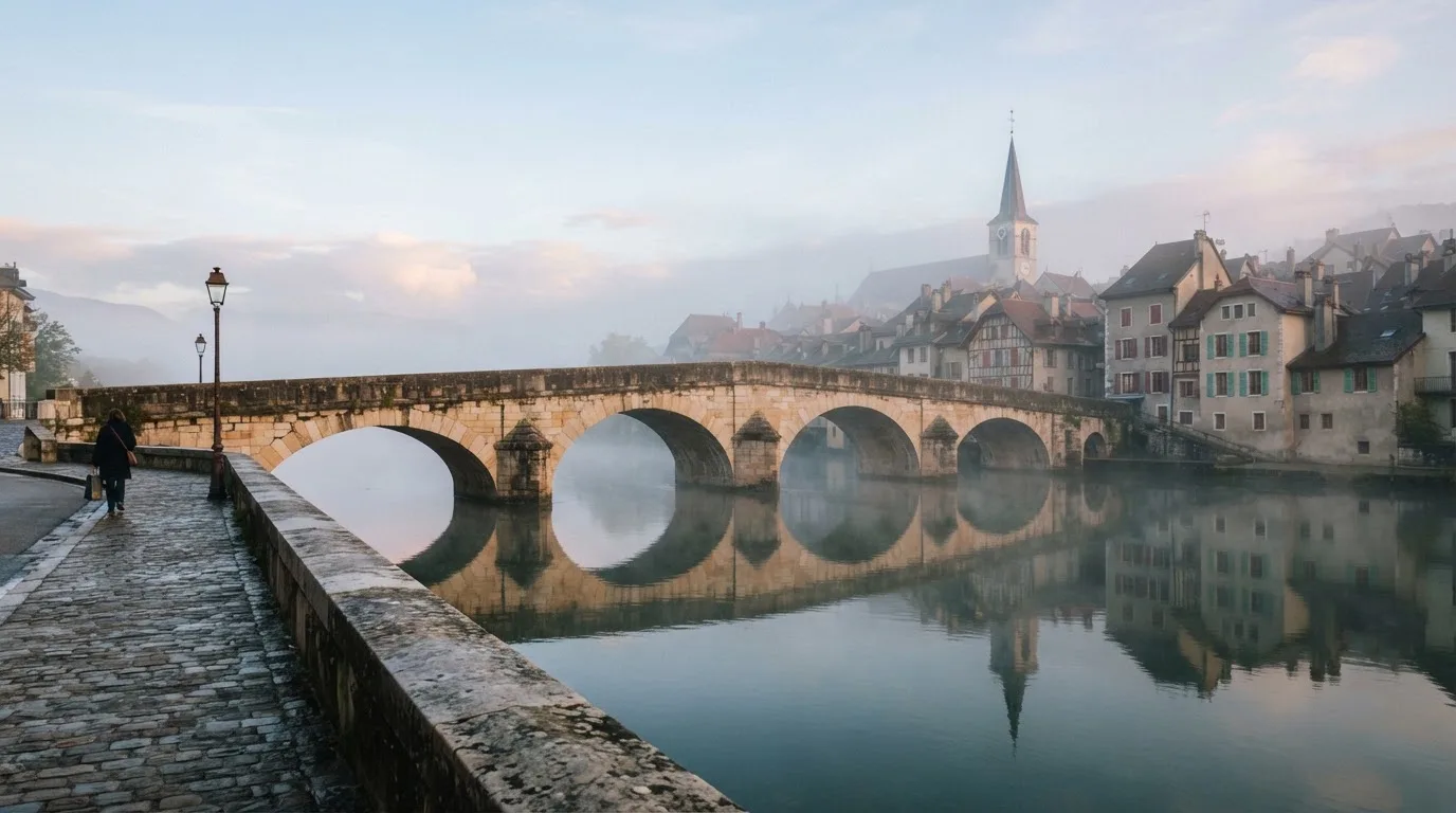 Eine steinerne Bogenbrücke überspannt am frühen Morgen einen Fluss in einer Altstadt, auf dem Wasser liegt dünner Nebel.